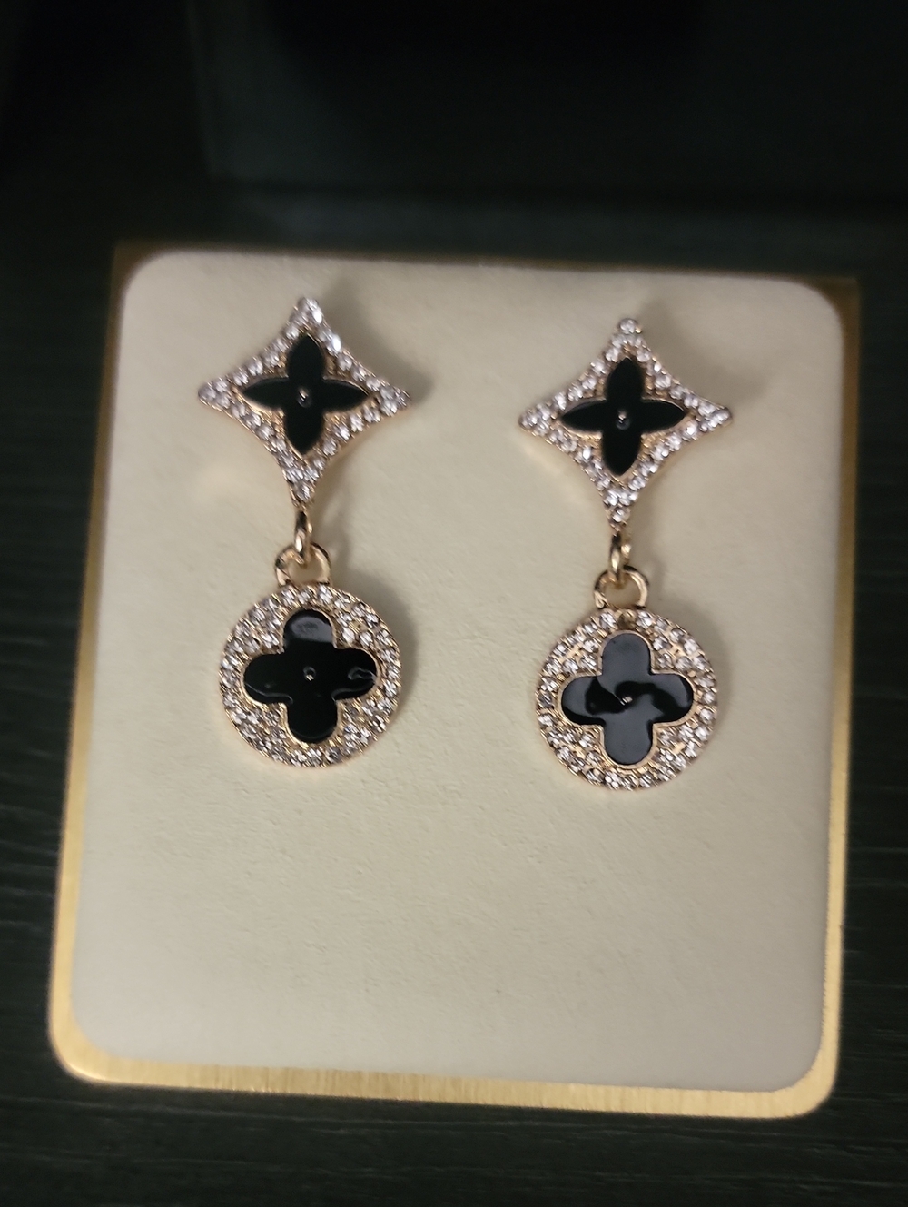 Gold-Tone Black Enamel Drop Earrings with Crystal Accents
